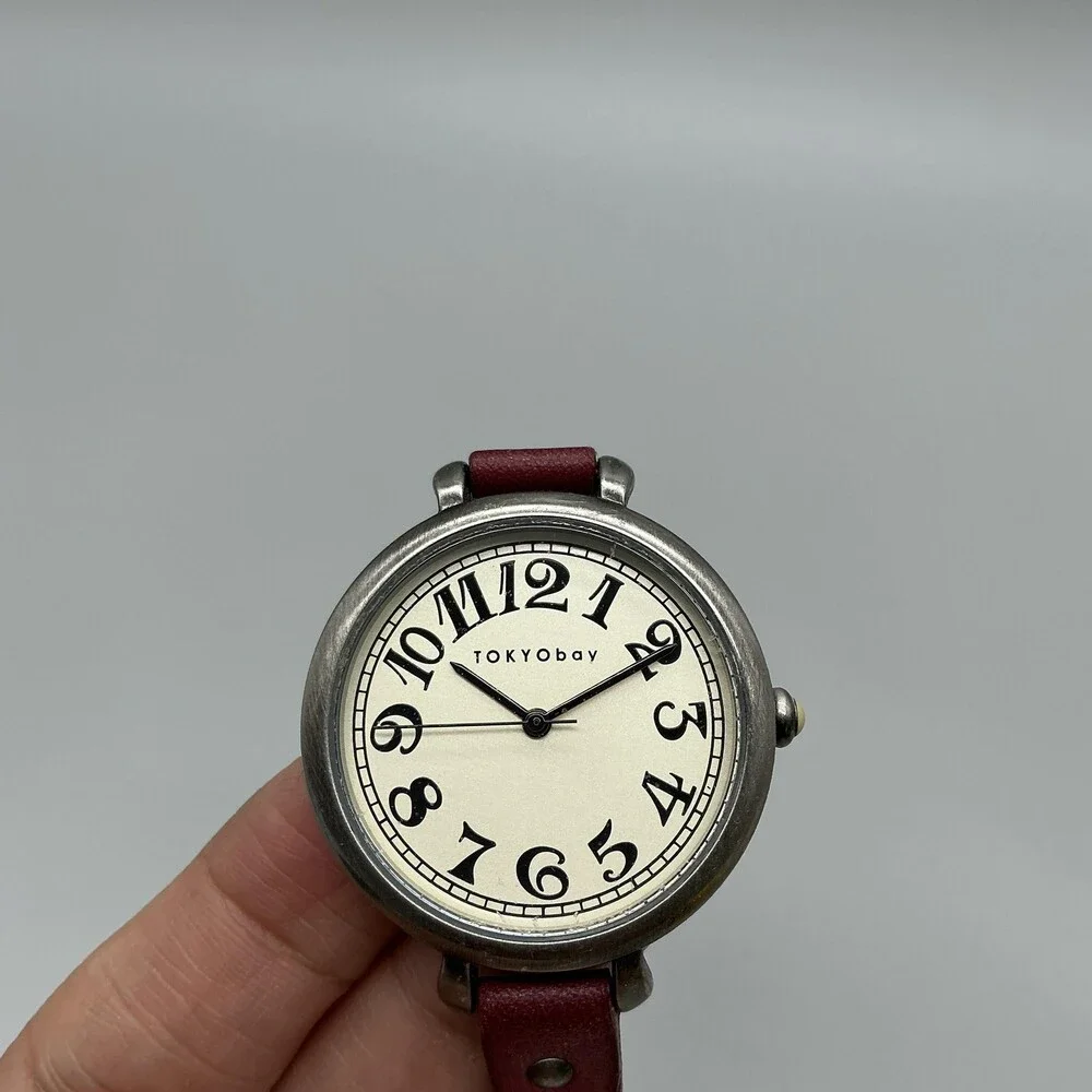 TOKYObay Womens Watch 35mm Silver Tone Cream Dial Red Leather Band New Battery